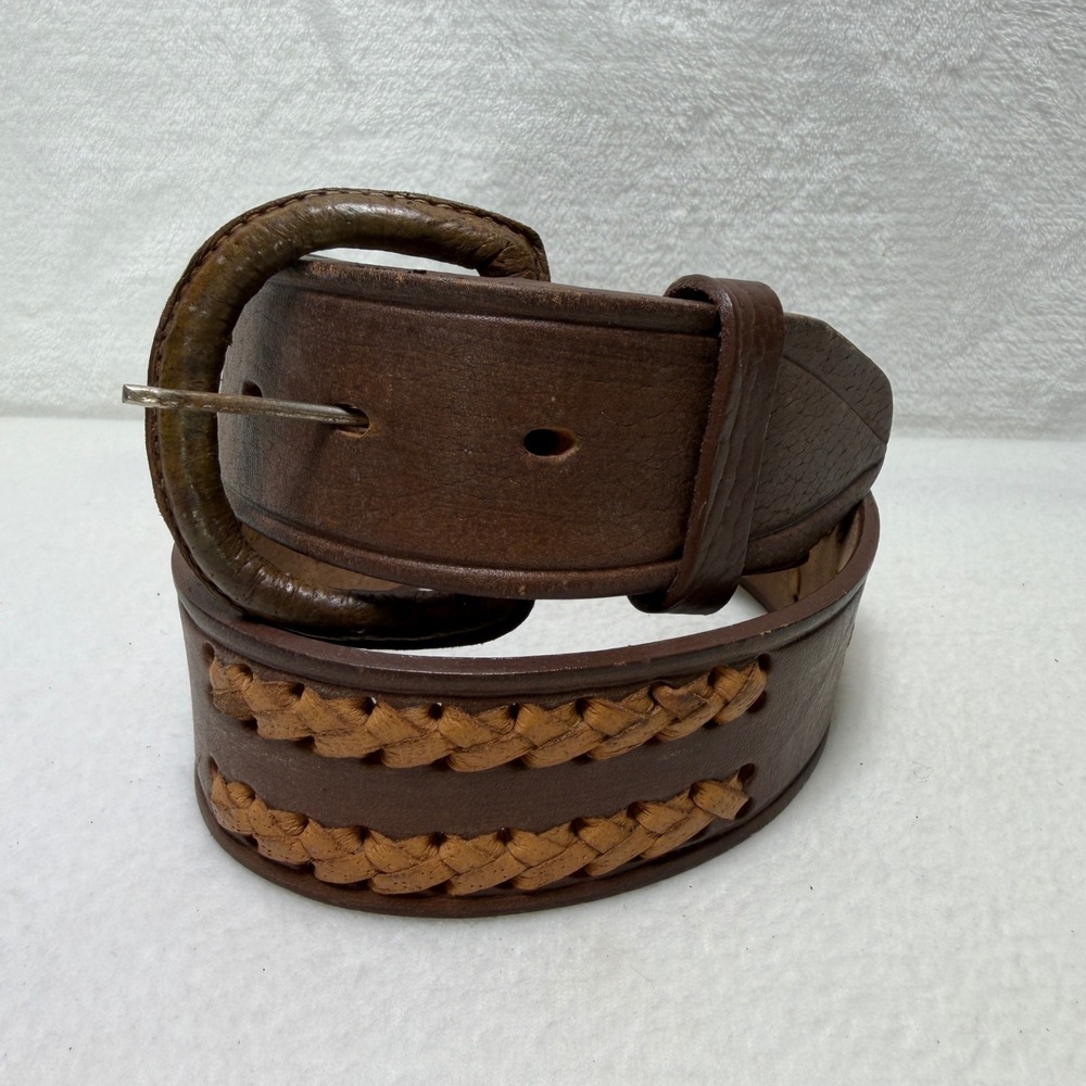 Vintage Brown Leather Whipstitch Western Belt Brass Buckle Wide Boho Size 32